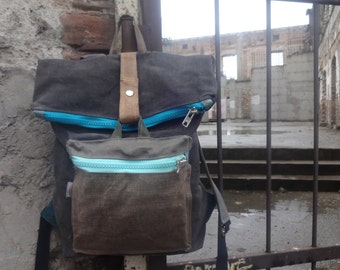 Waxed Canvas  Backpack/  Rolltop Casual Style Bag / Hipster Backpack / Canvas Rucksack / Simple Backpack / Roll Top Backpack