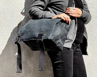 Gewaxte canvas messengertas, unisex tas, luiertas, medium weekender