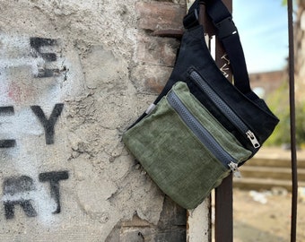 Hip Bag  Waxed Canvas  Pouch  Olive green / Black Festival Bag / Fanny Pack /Travel Belt/ Canvas Waist Pack