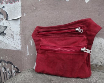 Red Hip Bag / Waxed Canvas  Bag/ Red Waist Bag / Fanny Pack / Canvas Pouch / Bicycle Bag/ Travel Hip Pouch / Bum Bag