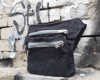 Black Hip Bag, Waxed Canvas Waist Bag,  Fanny Pack, Free hands Style Bag, Festival Bag