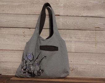Tote Bag Reversible Gray Hobo  Bag Hand Painted, OOAK Tote Bag, Unique Gray Bag, Shopping Bag, Canvas Tote, Fabric Tote bag