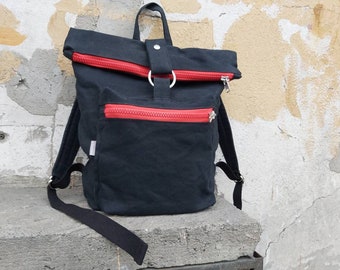 Black Backpack  Rolltop Waxed Canvas Rucksack Modern Rucksack Minimalist Bag  Backpack