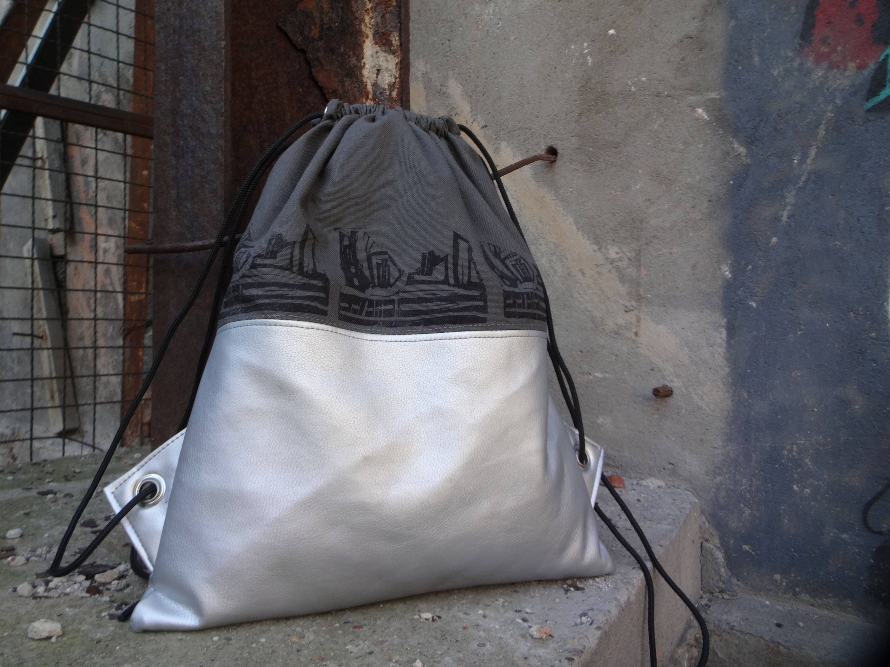 Canvas Drawstring Backpack Hand Printed Bag Canvas Rucksack Etsy
