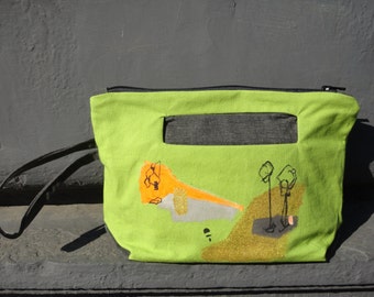 Clutch Bag / HAnd Painted / Green Bag / Wearable Art / Urban Glam Bag/ Unique Bag / Gift for Her / MAkeup Bag / Green Clutch BAg