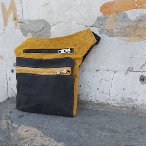 Bolsa de cadera amarilla y gris oscura, lienzo encerado, bolsa de lona encerada, mendig de cinturón de viaje, bolsa de bolsa de festival, bolso de cinturón