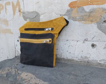 Gelbe und dunkelgraue Hüfttasche, Gewachste Canvas Tasche, Reise Gürtel Beg, Festival Tasche, Gürteltasche