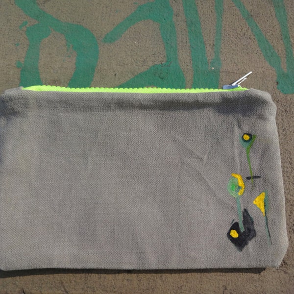 Pencil Case Hand Painted Grey Green  ,  Canvas Pencil Case, OOAK,  Urban  Bag, Unisex Case, Large pencil Bag, Geometric Bag