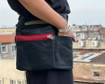 Hip Bag Waxed Canvas, Waxed Waist Pack,Travel Pouch With  Red and olive green  Zippers , Pouch Festival Bag Fanny Pack Babywearing Bag