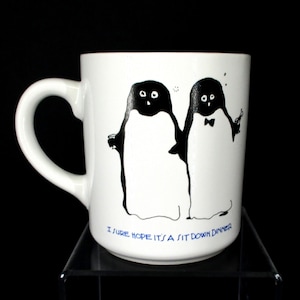 Doug Wilson Two Penguin&#39;s Sit Down Dinner White Coffee Mug 1970&#39;s