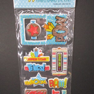 S.E.I Puffalicious Embellishing Stickers Kaboom Elements Action Hero Words New