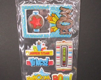 S.E.I Puffalicious Embellishing Stickers Kaboom Elements Action Hero Words New