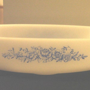 Federal Glass- Milk Glass-Blue Roses Loaf Pan- Cornflower Pattern