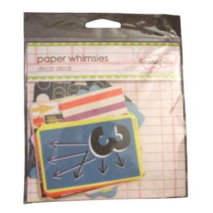 May include: A package of paper whimsies, the "disco deck", with various colorful card designs. The cards feature a blue card with the number 3 and arrows, and cards with stripes and other patterns. The package is sealed in a clear plastic bag.