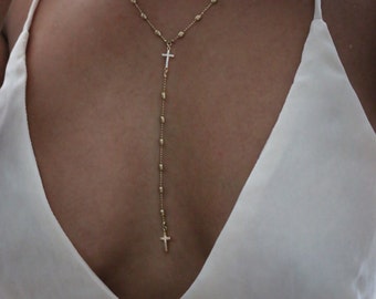 Strandz Double Cross Lariat | Rosary Necklace | Gold