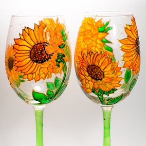 Sunflowers Wine Glasses Personalized Hand Painted Wine Glasses, Flowers Wedding Glasses, Sunflowers Wedding Gift