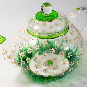 Glass Teapot with Infuser Tea kettle Floral tea pot Daisies teapot for women Hostess gift