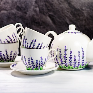 Ceramic Tea Set Personalized Unique Teapot with 4 Cups and Saucers Porcelain Hand Painted Teapot Cups