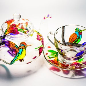 Hand Painted Hummingbird Glass Tea Set: Teapot, Cup & Saucer