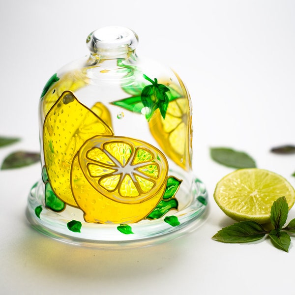 Glass Lemon Holder Kitchen container, Yellow Lemon Keeper, Dish with lid Kitchen Hostess Gift