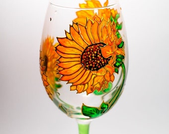 Zonnebloemwijnglas, gepersonaliseerd bloemenglaswerk, cadeau wijnliefhebber