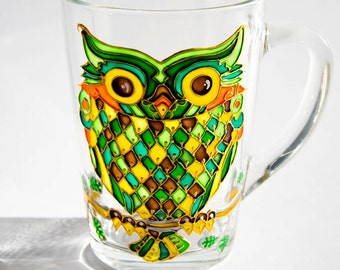 Personalized Owl Mug, Custom Coffee Mug, Personalized Owl Tumbler for Women, Hand Painted Green Owl Cup