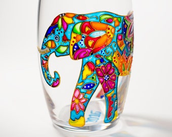 Elephant Gift Hand Painted Wine Glass, Personalized Wedding Glasses Elephant Wine Glass Africa Gift