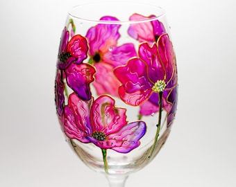 Hand Painted Poppies Wine Glass, Personalized Gift