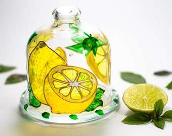 Glass Lemon Holder Kitchen container, Yellow Lemon Keeper, Dish with lid Kitchen Hostess Gift