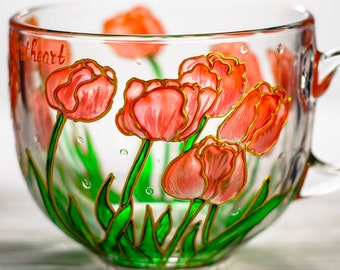 Stained Glass Style Tulip Mug, Hand Painted Floral Cup, Gift for Mom