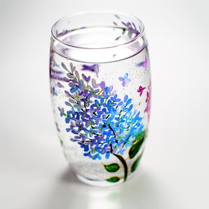 Floral Wine Tumbler Lilac Flowers Wine Glasses Botanical Hand Painted Stemless  Wedding Glasses