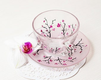 Personalized Cherry Blossom Teacup and Saucer, Custom Christmas Gift for Mom, Grandma Christmas Favor