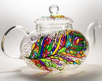 Hand Painted Glass Teapot Gift for Tea Lover Hostess Gift, Unique Teapot Personalized Mothers Day Gift