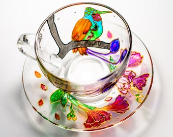 Personalized Tea Cup and Saucer, Hummingbird Gift Hand Painted Tea Set Gift from Grandkid