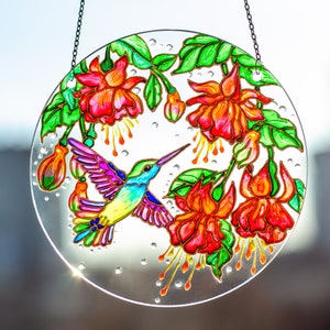 Garden Decor Stained Glass Hummingbird Suncatcher, Personalized Hummingbird Gift, Stain Glass Window Hanging