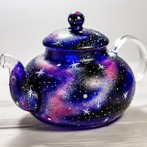 Personalized Celestial Gift, Galaxy Teapot, Glass Tea Pot Space Universe Stars Hand Painted