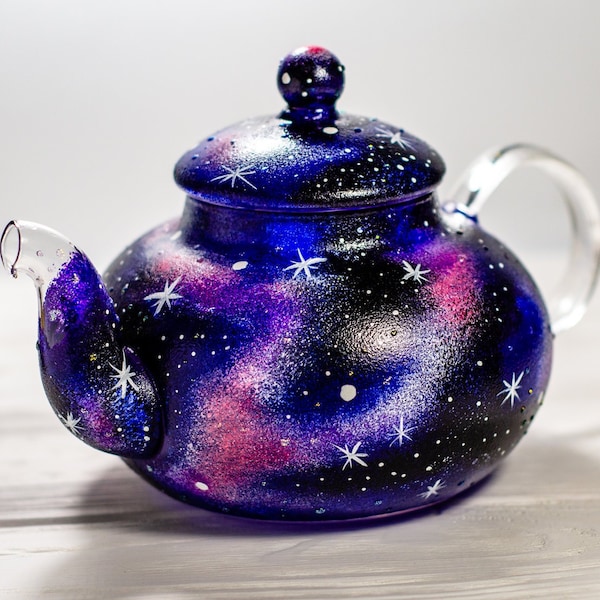 Personalized Celestial Gift, Galaxy Teapot, Glass Tea Pot Space Universe Stars Hand Painted
