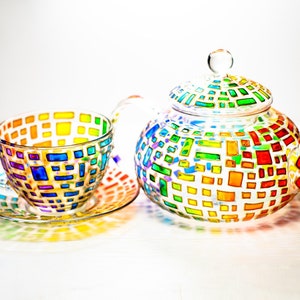 Colorful Teapot with Cups and Saucers, Handmade Tea Set, Personalized gifts for Parents Easter Gift