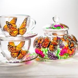 Personalized Kitchen Gift - Butterflies Tea Set - Teapot with Cups and Saucers