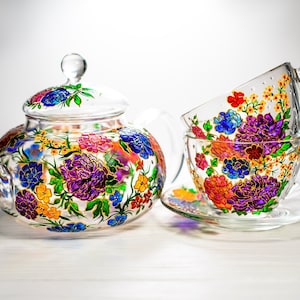 Personalized Flowers Tea Set Teapot with 2 Cups and Saucers, Glass Teapot with Cups Hand Painted