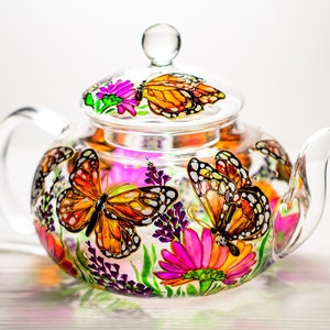 Glass Teapot Butterflies and Flowers, Hand Painted Tea Pot with Infuser, Personalized Grandma Gift image 1