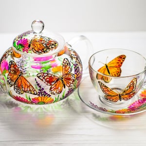 Birthday Butterfly Gift, Personalized Butterflies Tea Set, Teapot with Cup and Saucer Hand Painted 50th Birthday Gift for Women