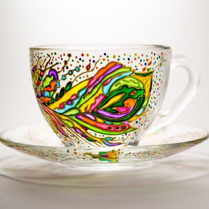 Tea Set Cup and Saucer Feather Teacup Set Hand painted Gift for Women Bohemian cup