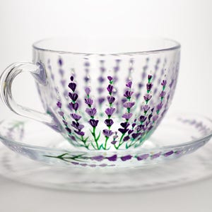 Tea cup and Saucer Lavender Tea set, Floral Glass Teacup, Personalized Mothers Day Gift, Tea Set Grandma