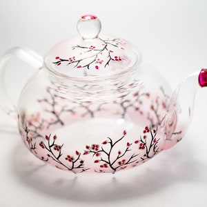 Personalized Glass Teapot Cherry Blossom, Unique Teapot Hand Painted Hostess Gift image 1