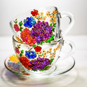 Tea Cups and Saucers Colorful Floral Tea Set 2 Cups with Saucers -  Personalized Tea Cups Party Favor