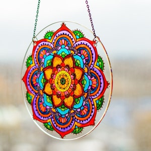 Stain Glass Window Hanging Colorful Suncatcher Mandala Lotus Stained Glass Panel Boho Wall Decor