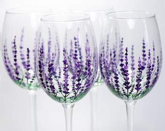 Wedding Glasses Set of 4 Purple Wine Glasses Hand Painted Personalized Wedding favor