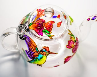 Hummingbird Teapot, Personalized Birthday Gifts, Unique Glass Teapot with Infuser