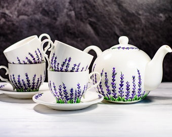 Ceramic Tea Set Personalized Unique Teapot with 4 Cups and Saucers Porcelain Hand Painted Teapot Cups